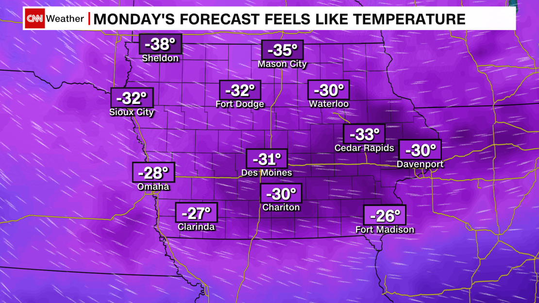 Monday morning wind chill temperatures across Iowa.