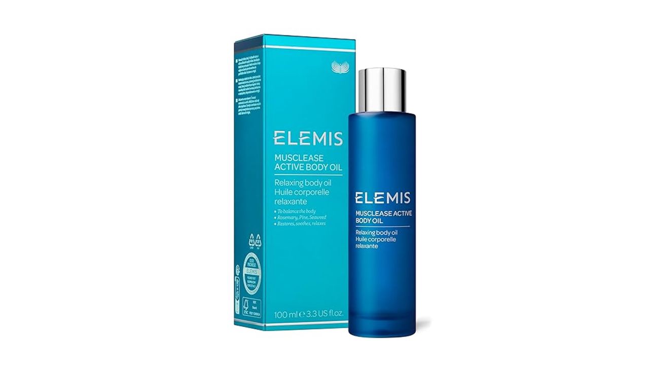 Elemis Musclease Active Body Oil in blue packaging 