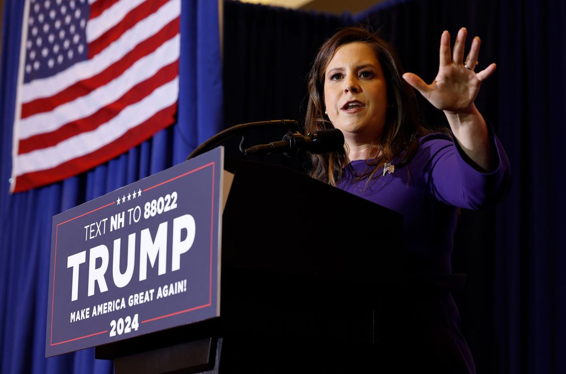Rep Elise Stefanik speaks during a campaign rally for former President Donald Trump at the Grappone Convention Center on January 19, 2024 in Concord, New Hampshire.