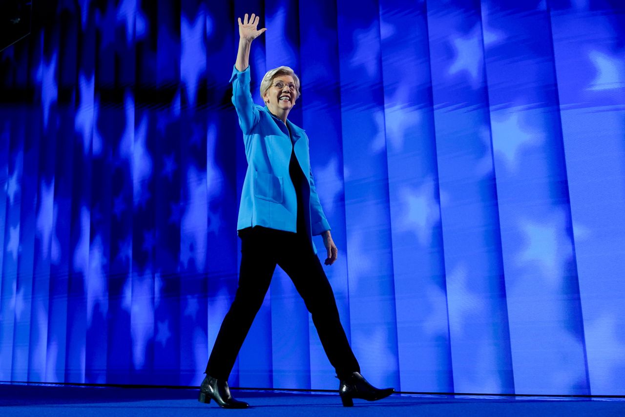 Sen. Elizabeth Warren exits after speaking during the Democratic National Convention (DNC) at the United Center in Chicago, on Thursday, Aug. 22, 2024. 