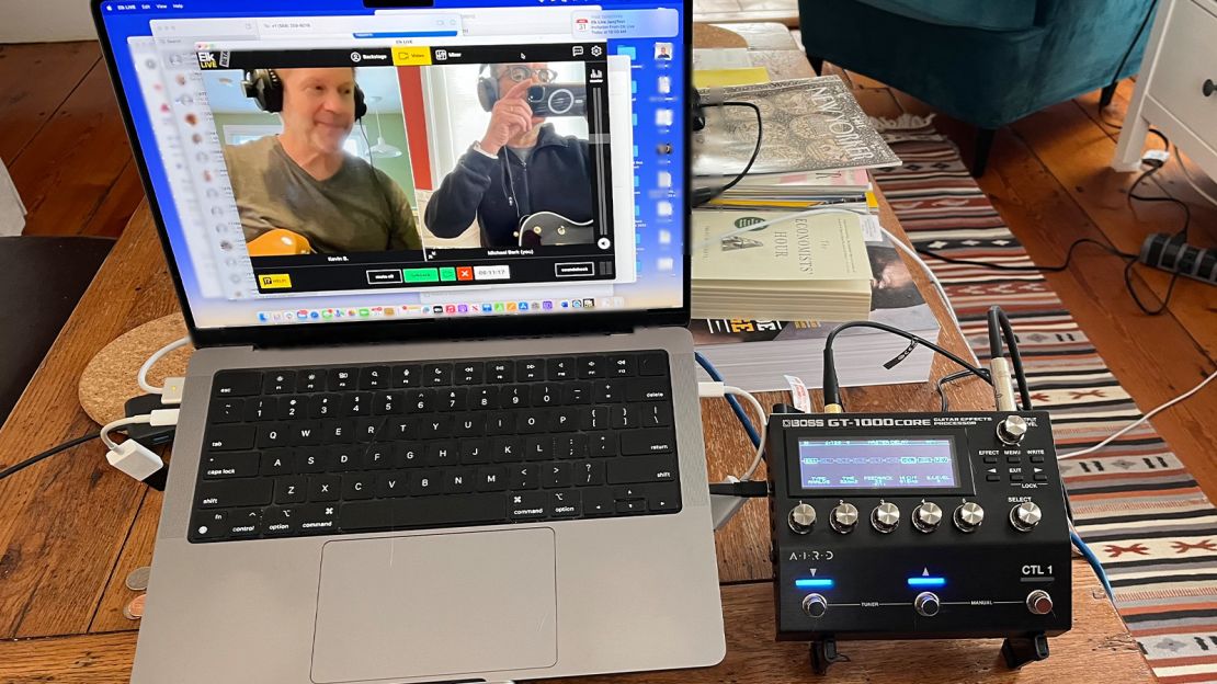The recent update to the Elk Live system lets you use any audio interface and your own Ethernet connection. Here I'm using an Apple Ethernet adapter for the network connection and a Boss GT-1000 Core amplifier simulator and audio interface. Such a device is a perfect front end for remote collaboration since it gives you all the connectivity and tone-shaping ability you'll need, in one compact unit.