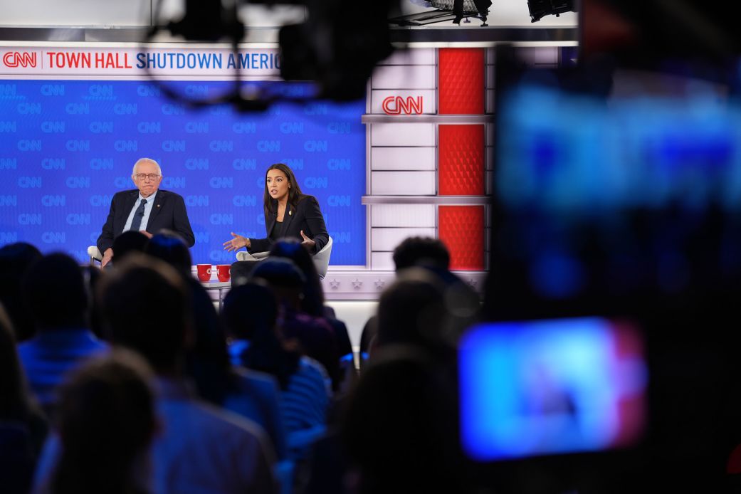 Sen. Bernie Sanders and Rep. Alexandria Ocasio-Cortez participate in a CNN town hall, moderated by Kaitlan Collins, in Washington, DC, on Wednesday.