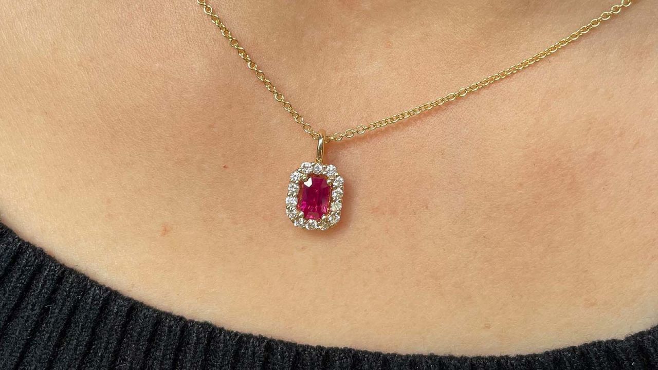 Emerald Cut Ruby & Diamond Halo Pendant in Yellow Gold.jpg