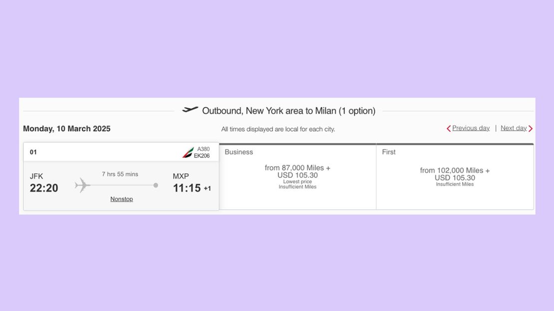 A screenshot of an Emirates award flight from New York-JFK to Milan