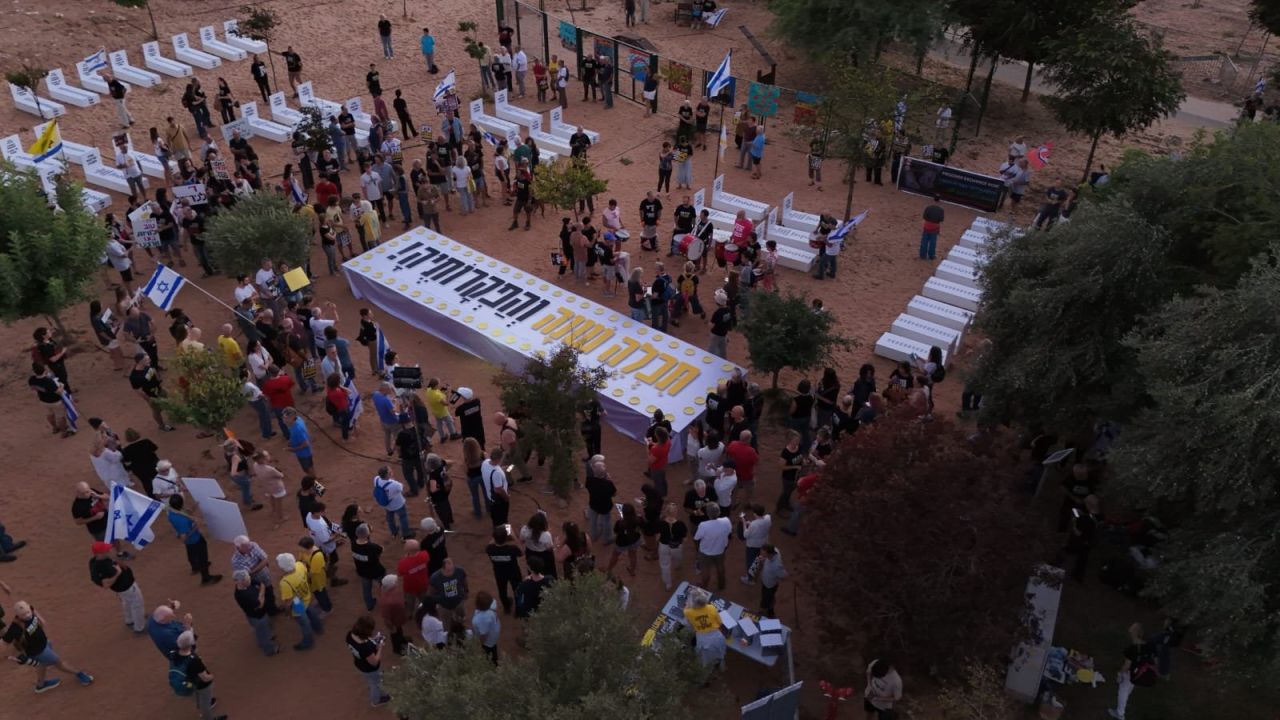 Protesters gather in Ceasarea, near Netanyahu's private residence, where hostage families have set a dinner table for Rosh Hashanah.