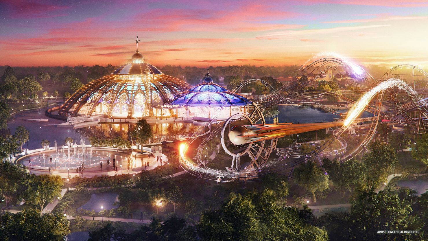 Celestial Park, shown in a rendering, will serve as the main entry point for Epic Universe, which is set to open on May 22, 2025.