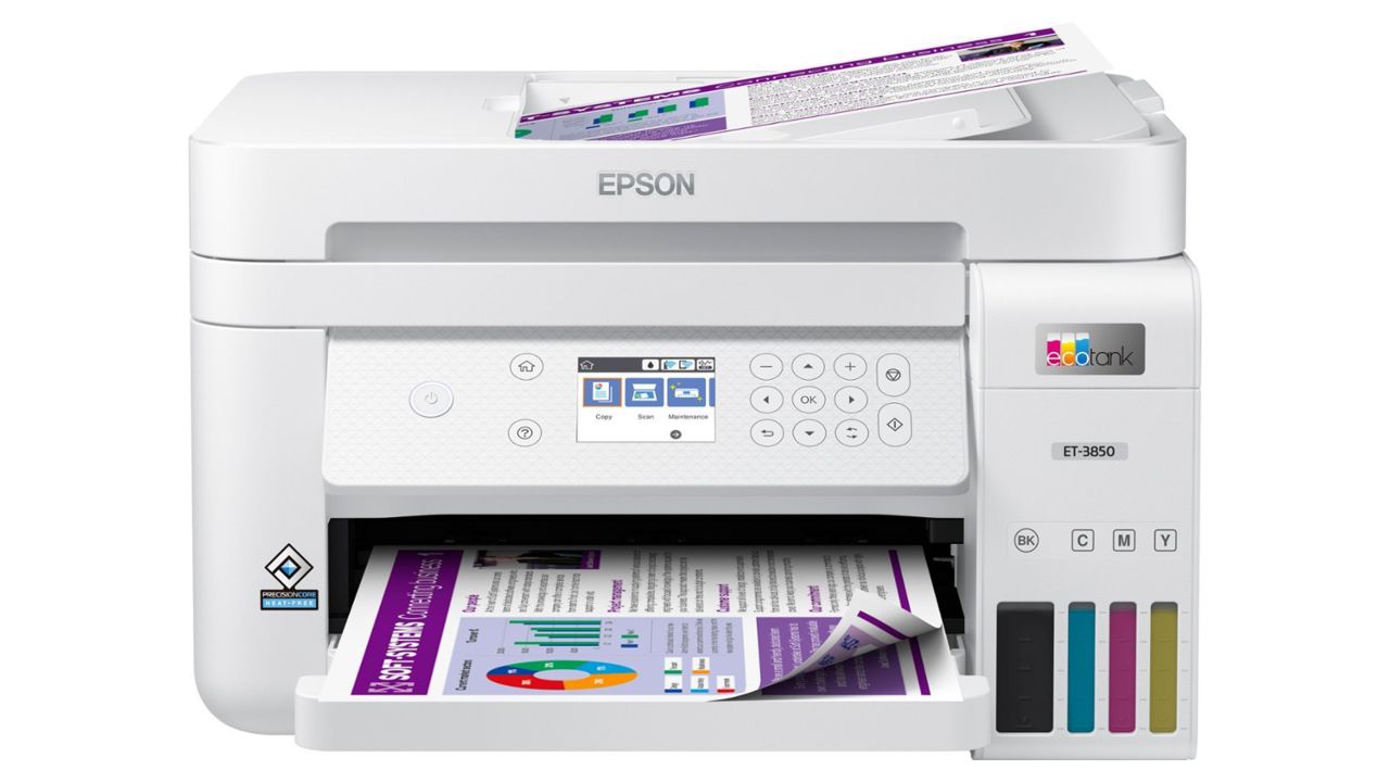 White Epson EcoTank ET-3850 printer