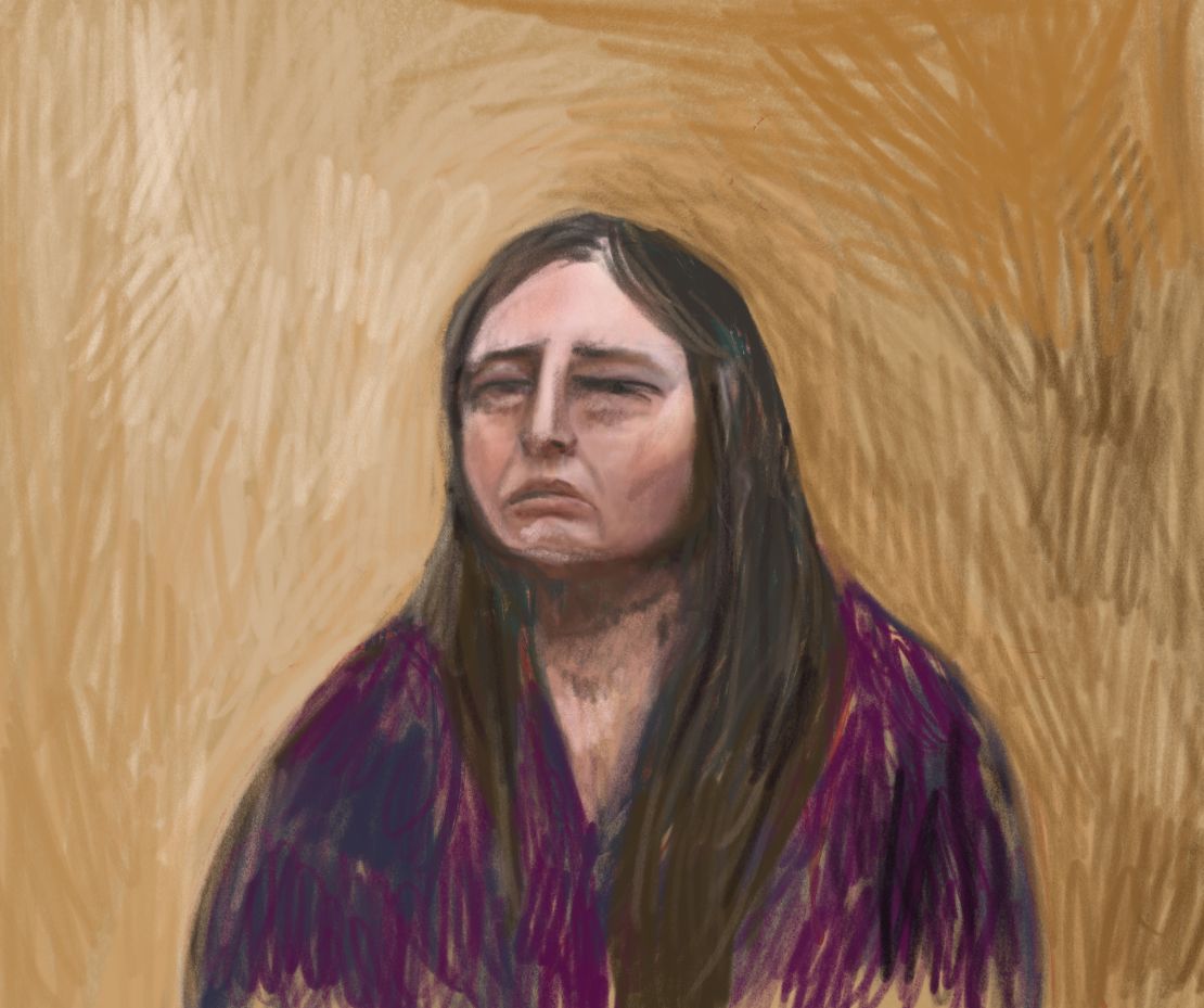 A court sketch of Erin Patterson as she gave evidence at her triple murder trial at the Latrobe Valley Magistrates' Court in Morwell, Victoria, Australia on Tuesday, June 2, 2025.