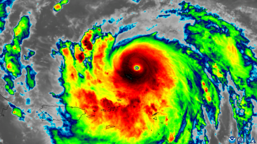 Hurricane Erin as a Category 5 northeast of the Caribbean islands on Aug. 16, 2025.