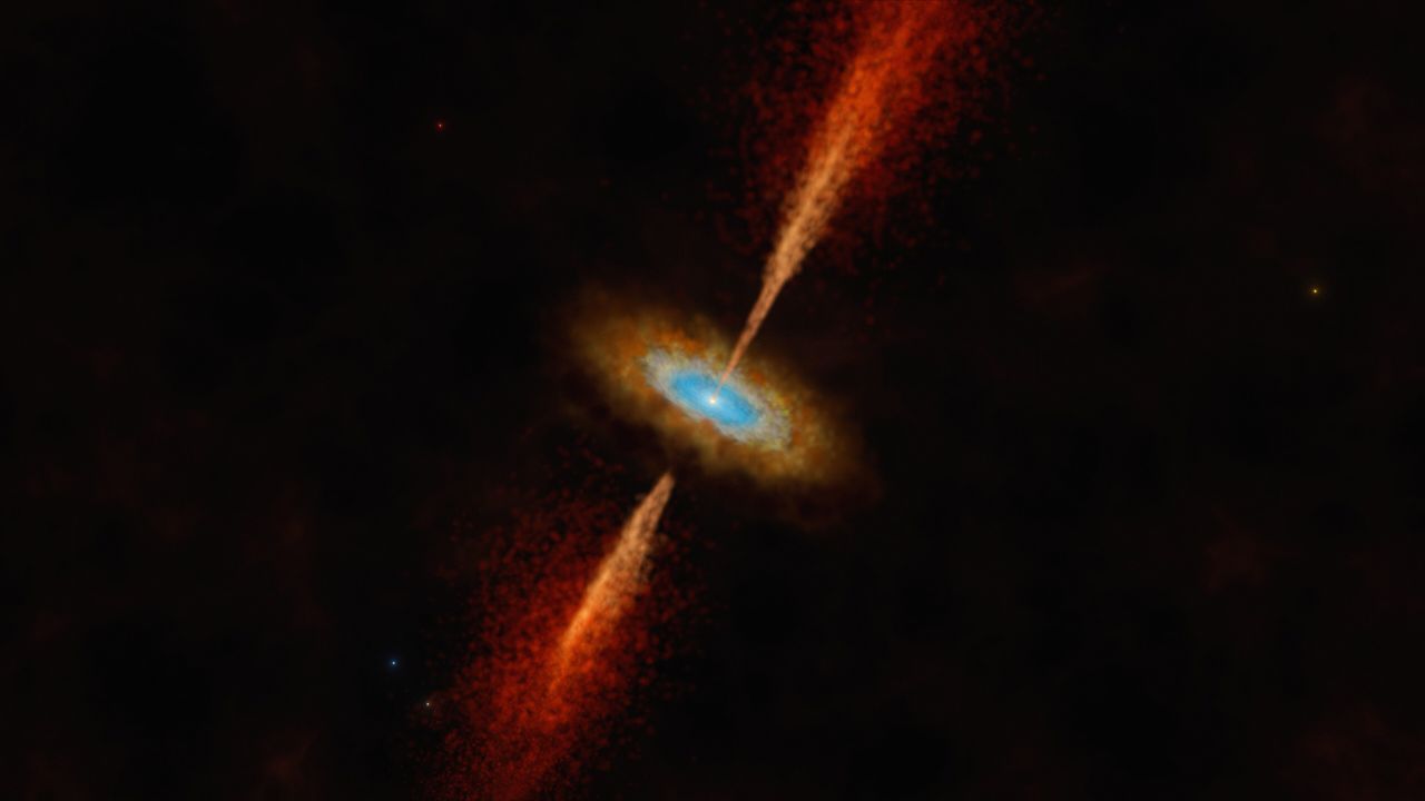 Bir sanatçının çizimi, Büyük Macellan Bulutu adı verilen komşu bir galakside bulunan HH 1177 sistemini tasvir ediyor. Merkezdeki devasa genç yıldız, dönen bir gaz ve toz diskinden malzeme çekiyor, ancak aynı zamanda jet formundaki maddeyi de dışarı atıyor.