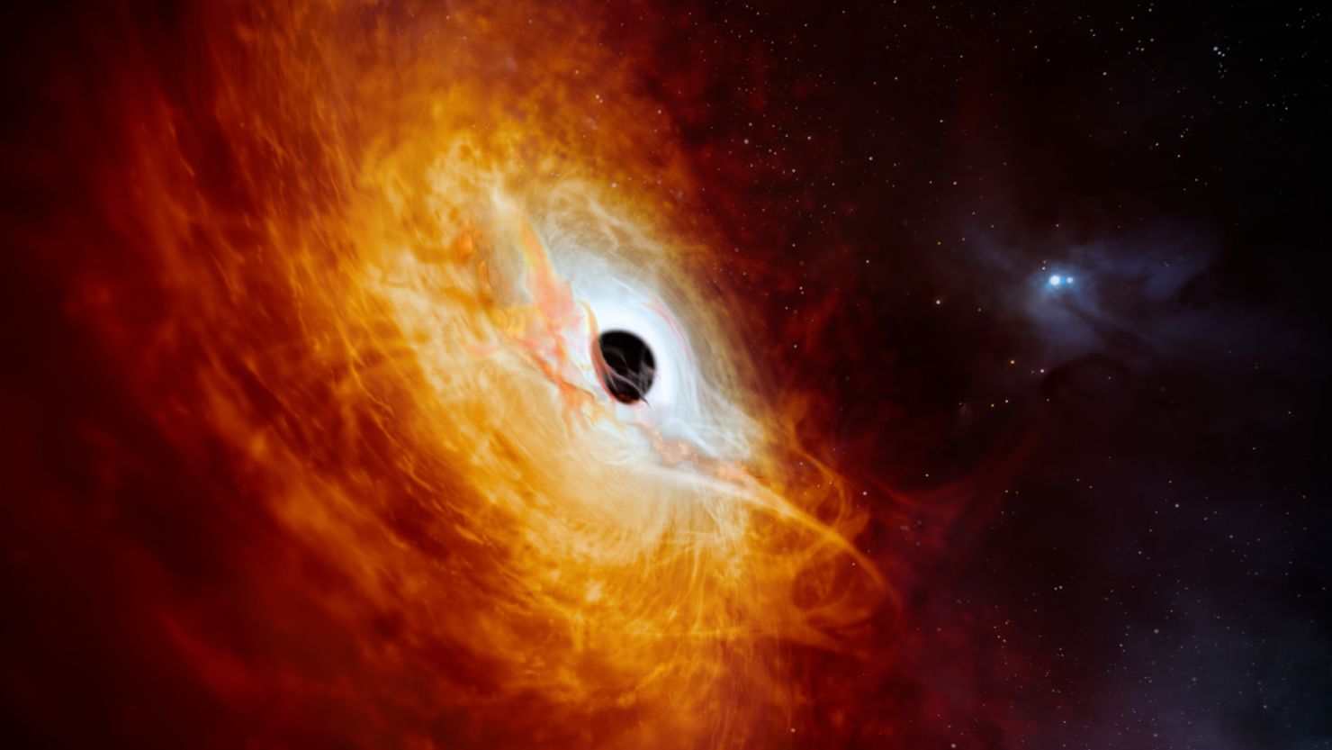 An artist's impression depicts a quasar that has been discovered to be the brightest object in the universe, and it's powered by the fastest-growing black hole ever observed.
