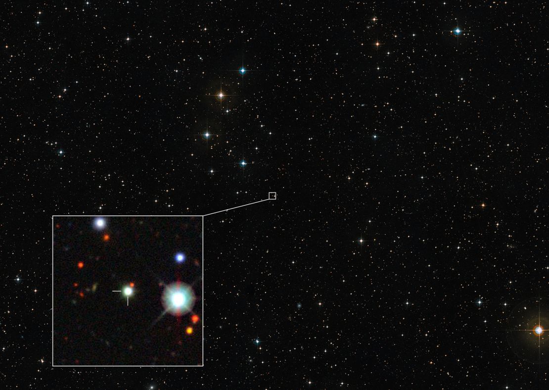 An image of the quasar's location was created using data from the Digitized Sky Survey 2, while the inset was provided by the Dark Energy Survey.