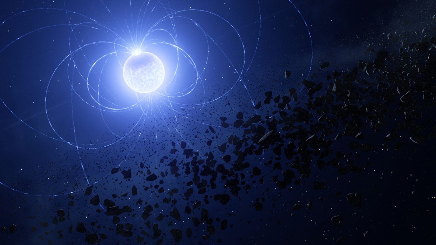 An artist's impression depicts a dead white dwarf star and its magnetic field, which is usually invisible but shown in loops around the star. The dark area near one of the star's poles is a metal scar that remained after the star consumed a planetary fragment.