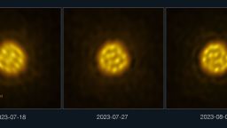 Astronomers have captured a sequence of images of a star other than the Sun in enough detail to track the motion of bubbling gas on its surface. The images of the star, R Doradus, were obtained with the Atacama Large Millimeter/submillimeter Array (ALMA), a telescope co-owned by ESO, in July and August 2023. This panel shows three of these real images, taken with ALMA on 18 July, 27 July and 2 August 2023. The giant bubbles — 75 times the size of the Sun — seen on the star’s surface are the result of convection motions inside the star. The size of the Earth’s orbit is shown for scale.