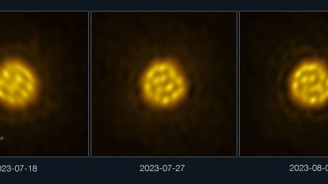 Astronomers have captured a sequence of images of a star other than the Sun in enough detail to track the motion of bubbling gas on its surface. The images of the star, R Doradus, were obtained with the Atacama Large Millimeter/submillimeter Array (ALMA), a telescope co-owned by ESO, in July and August 2023. This panel shows three of these real images, taken with ALMA on 18 July, 27 July and 2 August 2023. The giant bubbles — 75 times the size of the Sun — seen on the star’s surface are the result of convection motions inside the star. The size of the Earth’s orbit is shown for scale.