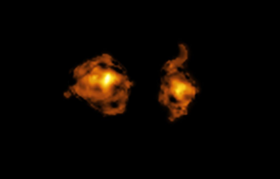 Een afbeelding gemaakt door de Atacama Large Millimeter/Submillimeter Array (ALMA) toont het moleculaire gasgehalte van de twee sterrenstelsels die betrokken zijn bij de kosmische joust.