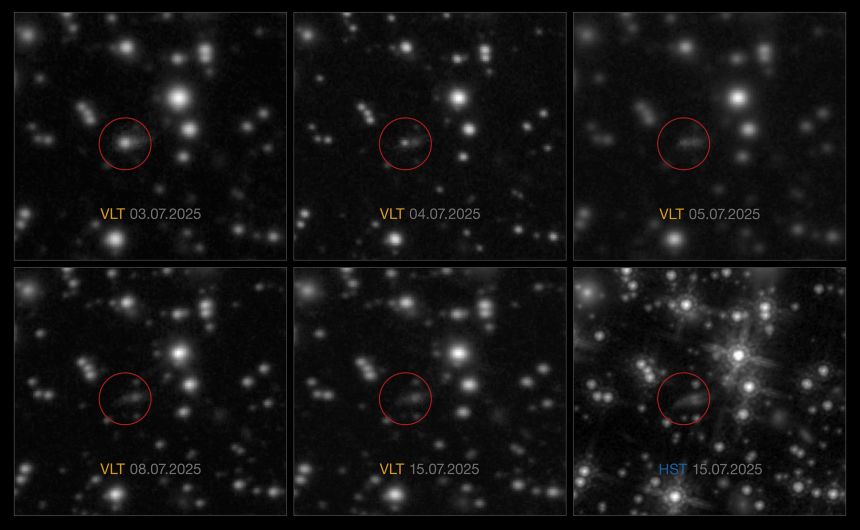 The Very Large Telescope pinpointed the location of the bursts and monitored the fading of the afterglow over several days. A Hubble image, bottom right, confirmed the extragalactic nature of the event.