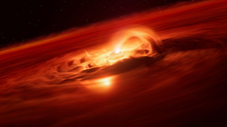 This artist’s impression shows Cha 1107-7626. Located about 620 light-years away, this rogue planet is about 5-10 times more massive than Jupiter and doesn’t orbit a star. It is eating up material from a disc around it and, using ESO’s Very Large Telescope (VLT), astronomers have discovered that it is now doing so at a rate of six billion tonnes per second –– the fastest ever found for any kind of planet. The team suspects that strong magnetic fields could be funnelling material towards the planet, something only seen in stars. When the infalling material reaches the planet it heats up its surface, creating a bright hot spot. The X-shooter spectrograph on ESO’s VLT detected a marked brightening in mid-2025, and found a clear fingerprint that this was caused by infalling gas. The observations show that the planet is now accreting matter about 8 times faster than a few months before.