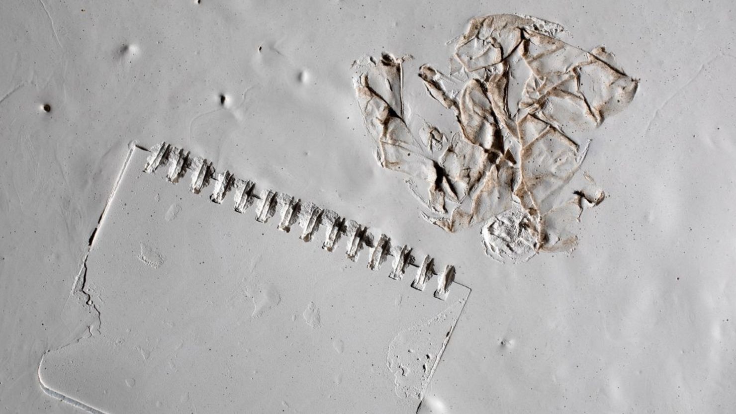 La coautora Sarah Gabbott, de la Universidad de Leicester, creó un tecnofósil sintético a partir de un cuaderno, papel y yeso. Sin embargo, es imposible saber con exactitud cómo se fosilizarán los objetos desechados.