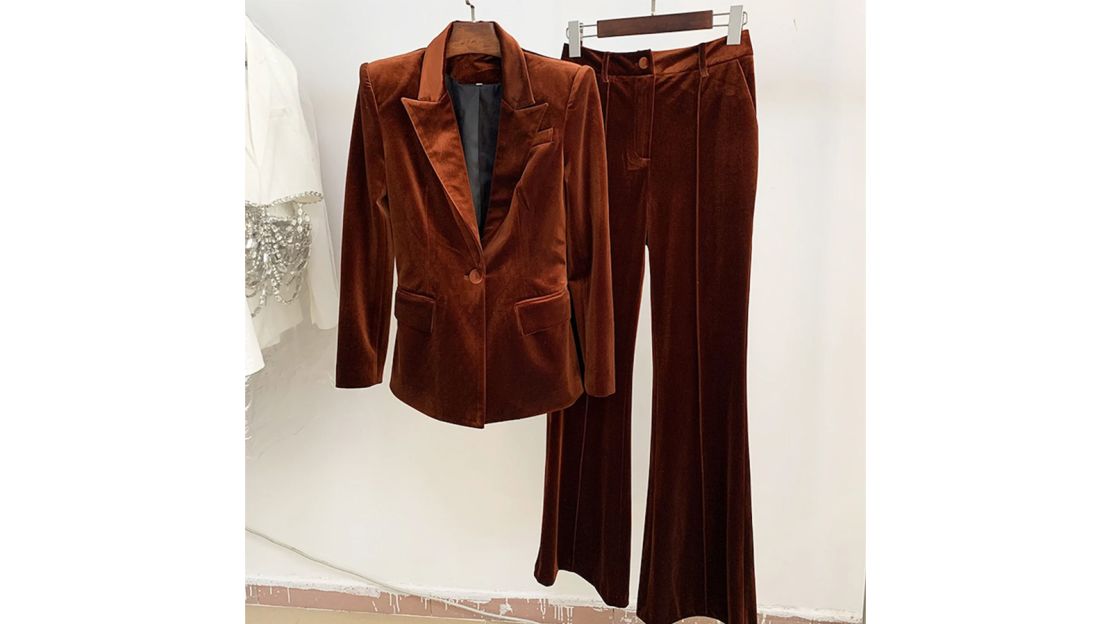 Women Velvet Bronze Blazer + Flare Trousers Suit