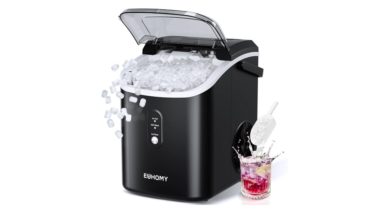 Ice maker and drink against white background.