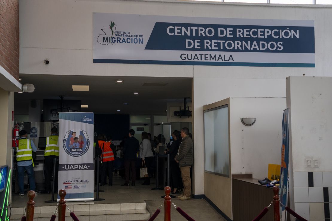 Dozens of deportees from the US are ushered to a reception center where first they are greeted by Guatemalan Vice President Karin Herrera and other officials in Guatemala City.