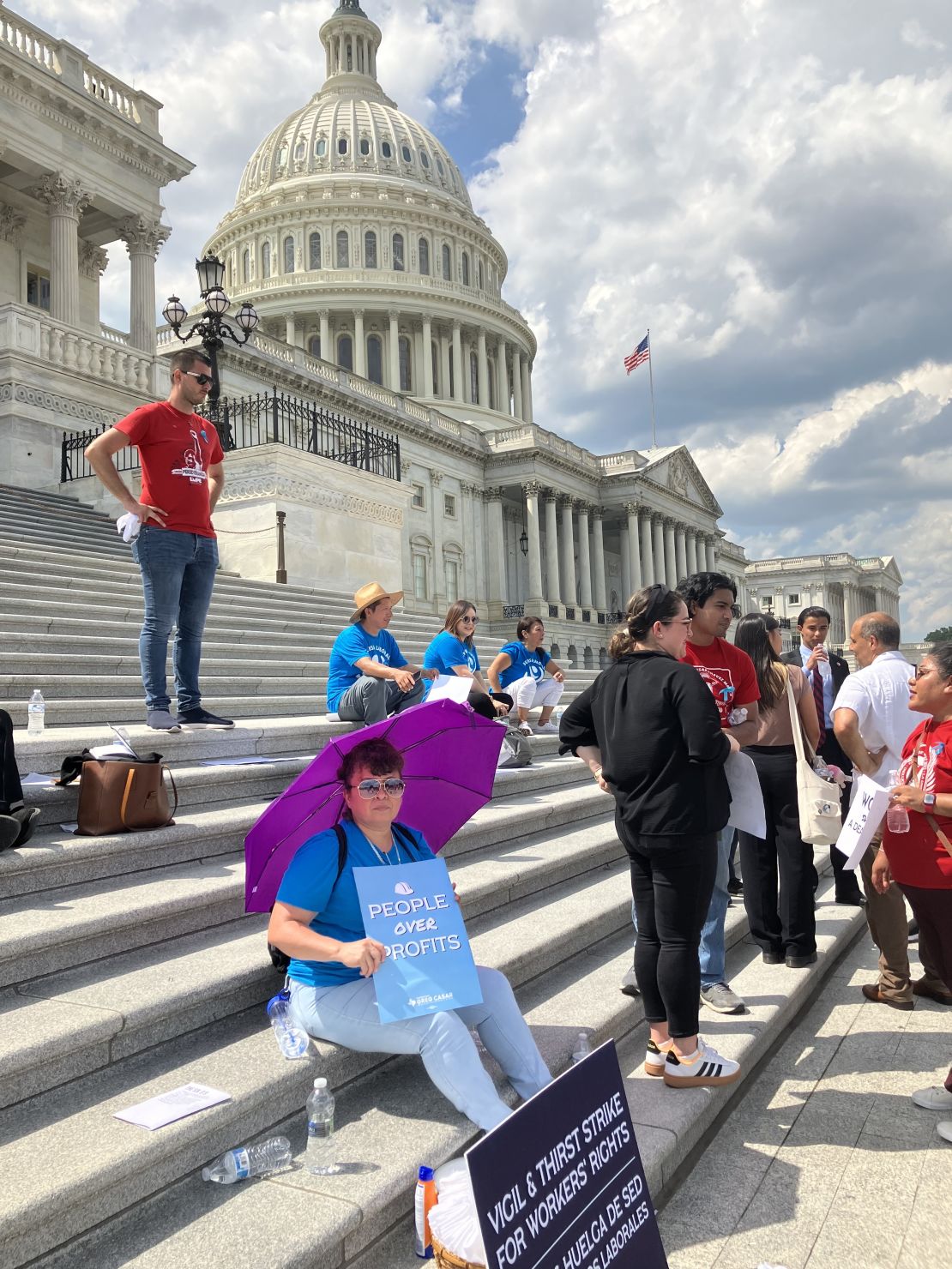 Eva Marroquin at a 'thirst strike' on the steps of the Capitol in Washington, DC, on July 25, 2023. The strike was organized to draw attention to the need for a federal workplace heat standard and protections for rest and water breaks for people who work in the heat.