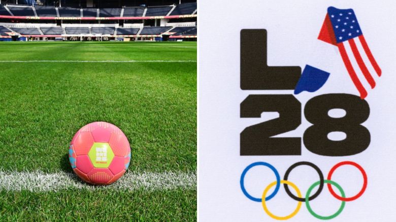 Un balón en el nuevo campo de prueba para la Copa Mundial de 2026 en el Estadio Sofi; y el logotipo de LA28 (Los Ángeles 2028) se muestra con las banderas de Francia y Estados Unidos durante el evento que celebra la llegada de la bandera olímpica a Los Ángeles.