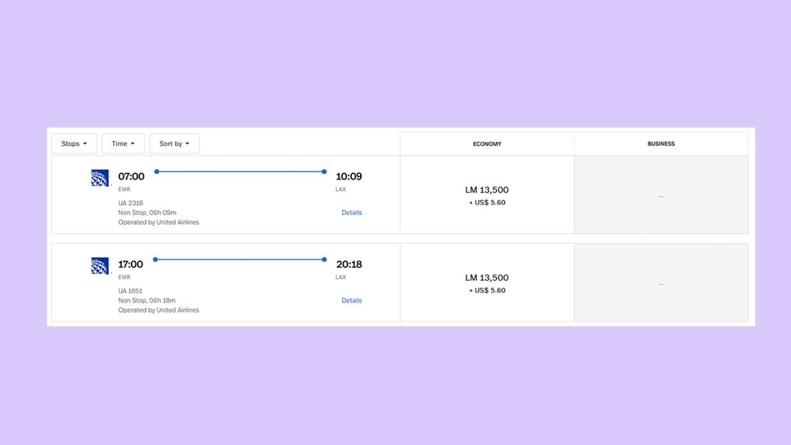 A screenshot of LifeMiles award flights from Newark to Los Angeles