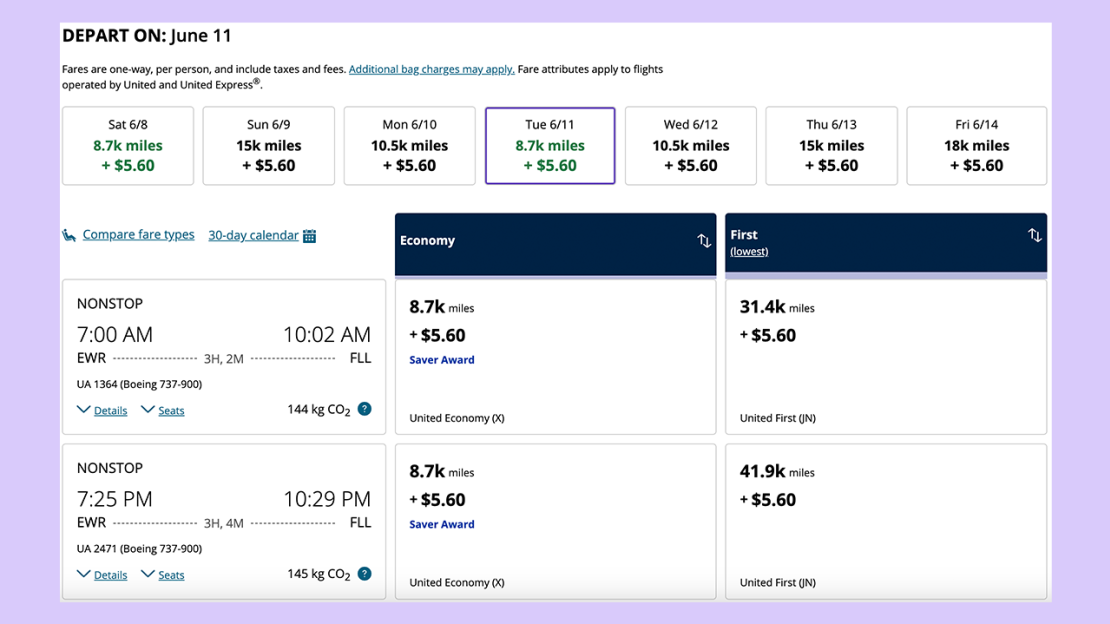 EWR to FLL with United miles