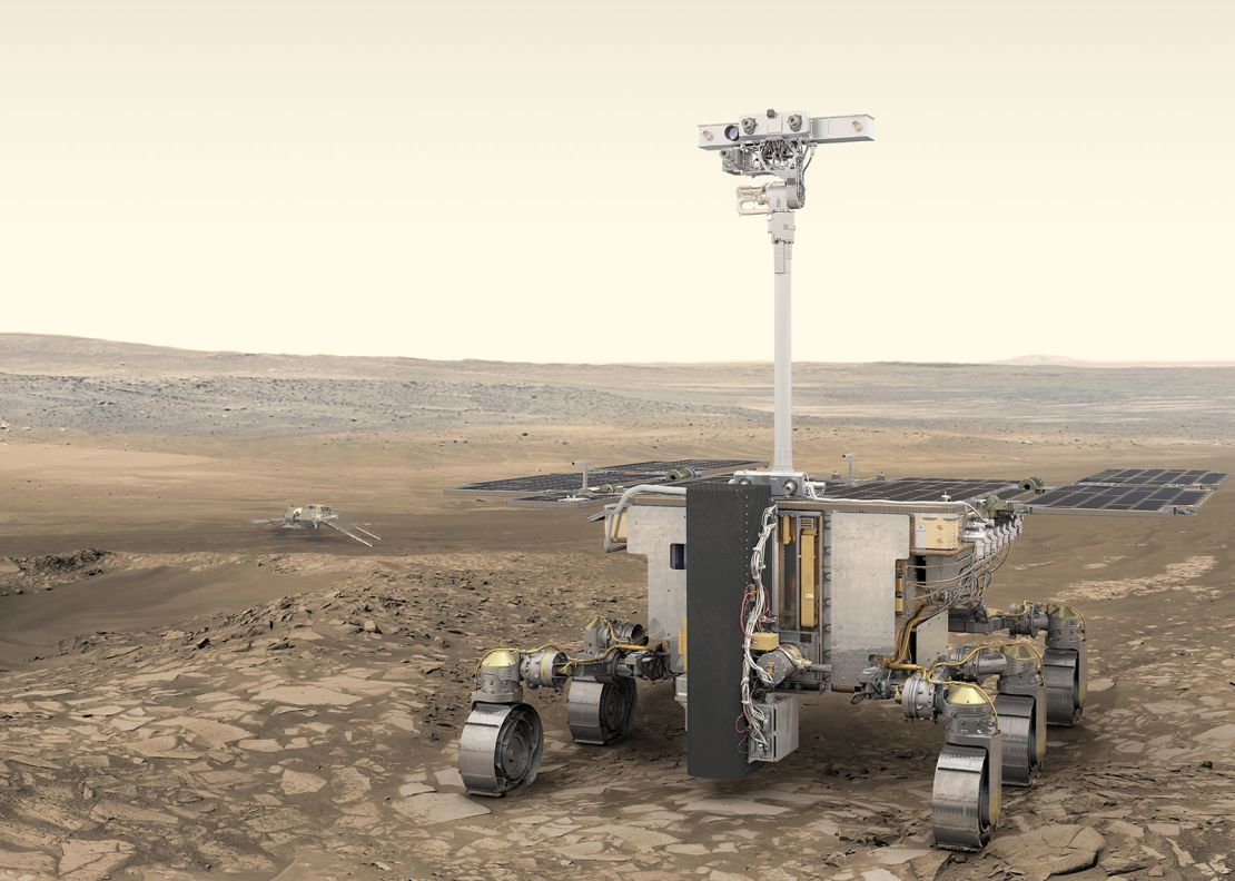 An artist's view represents the Rover Exomars Rosalind Franklin on the surface of Mars.