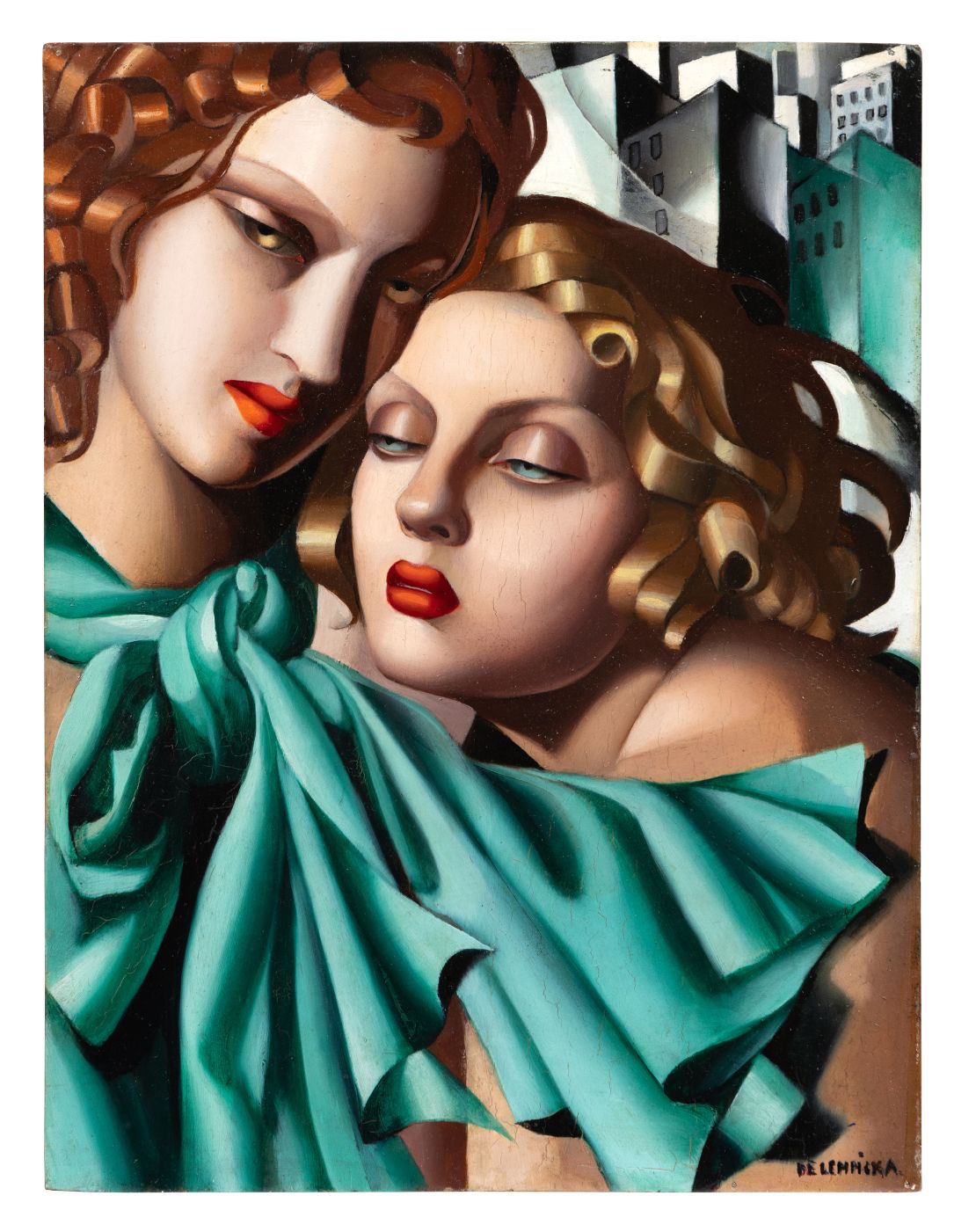 Ringlets, breezy fabrics, red lips and shadowy architectural backgrounds all make up Lempicka’s visual lexicon.