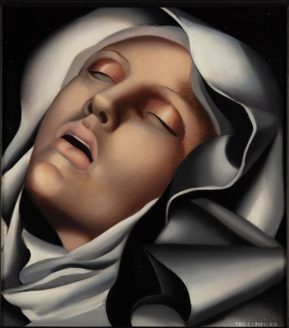 Lempicka’s“Sainte Thérèse d’Avila” is a painted rendition of the Italian sculptor Bernini’s 17th-century altarpiece “Ecstasy of Saint Teresa.” Lempicka may be known as an Art Deco artist, but she was heavily influenced by Renaissance and Baroque periods of art, among many others,