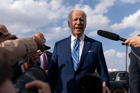 President Joe Biden speaks to the media before boarding Air Force One at Des Moines International Airport, in Des Moines, Iowa, on Tuesday, April 12, 2022.