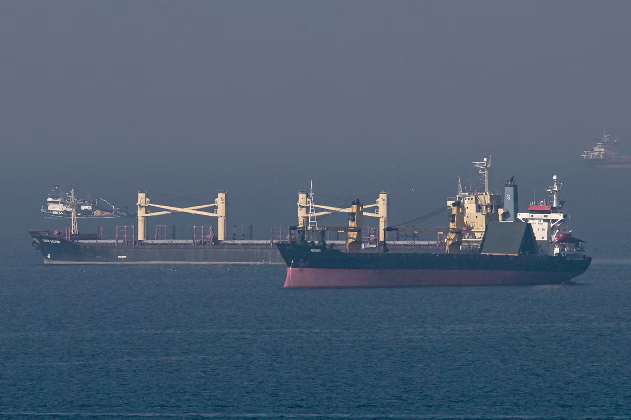Cargo ship Super Bayern, center, carrying Ukrainian grain, sails at the entrance of Bosphorus off the coast of Kumkoy, Turkey, on November 2.