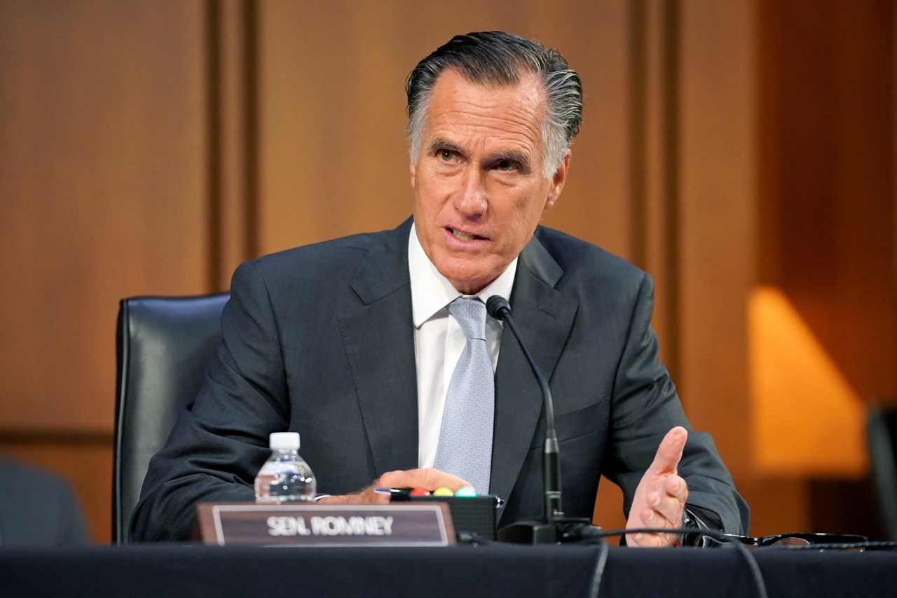 Utah Sen. Mitt Romney speaks on Capitol Hill in Washington, DC, in 2021. 