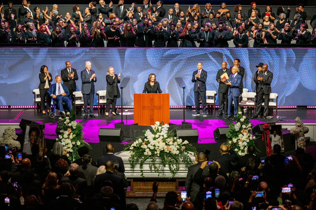 Vice President Kamala Harris gives the eulogy during Congresswoman Sheila Jackson Lee's during funeral service at the Fallbrook Church on August 1 in Houston.