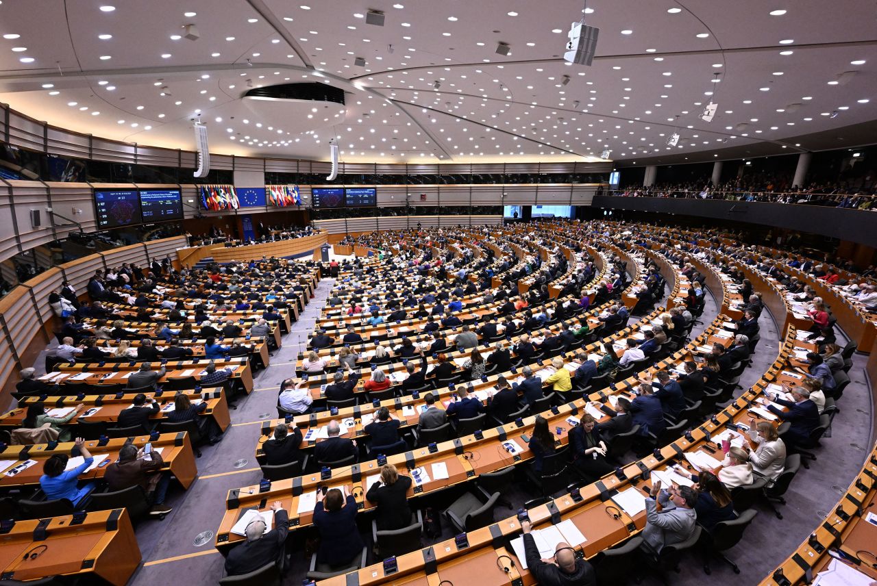 Members of European Parliament attend a plenary session in Brussels on April 10.