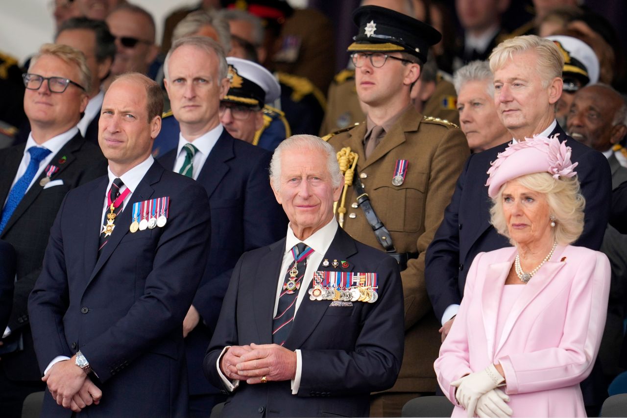 Britain's Prince William, Prince of Wales, Britain's King Charles III and Queen Camilla attend the UK's national commemorative event for the 80th anniversary of D-Day on June 5, in Portsmouth, England. 