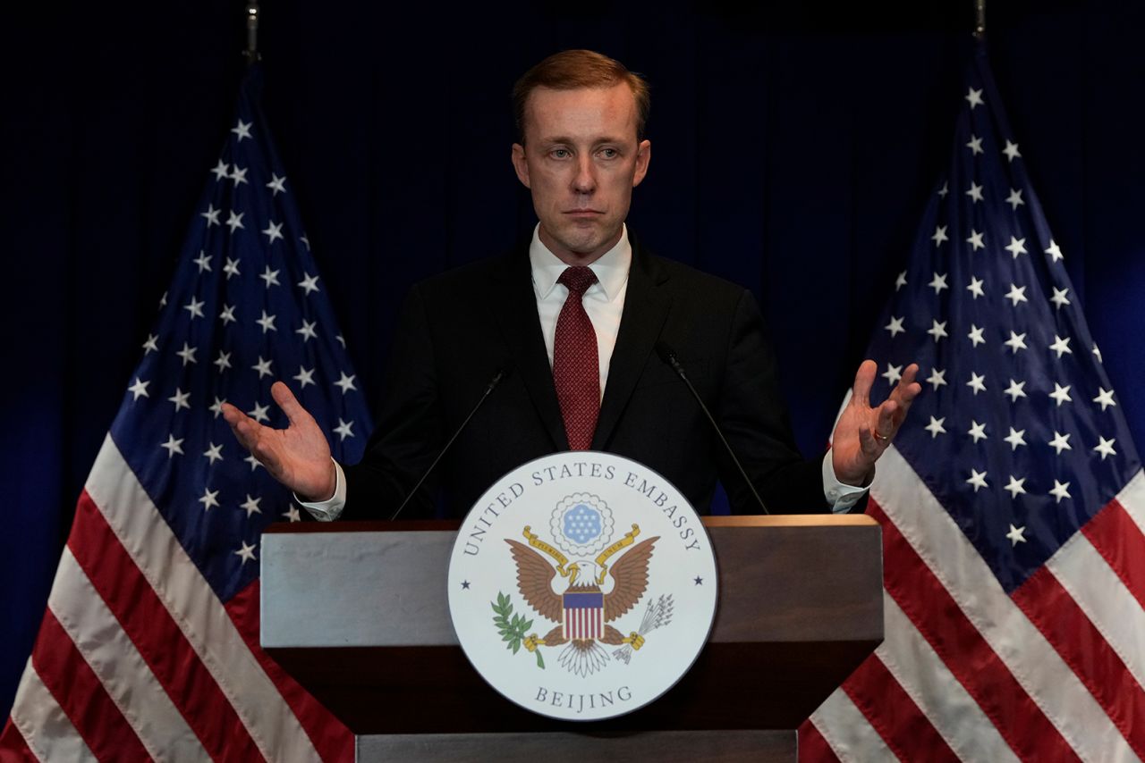 White House national security adviser Jake Sullivan speaks during a press conference, in Beijing, on August 29.