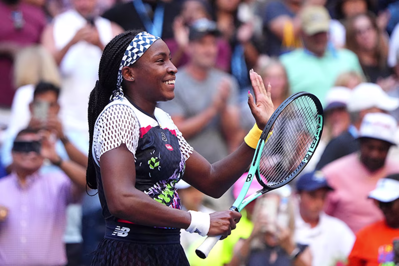 Coco Gauff reacts to winning a women's singles match on Friday.