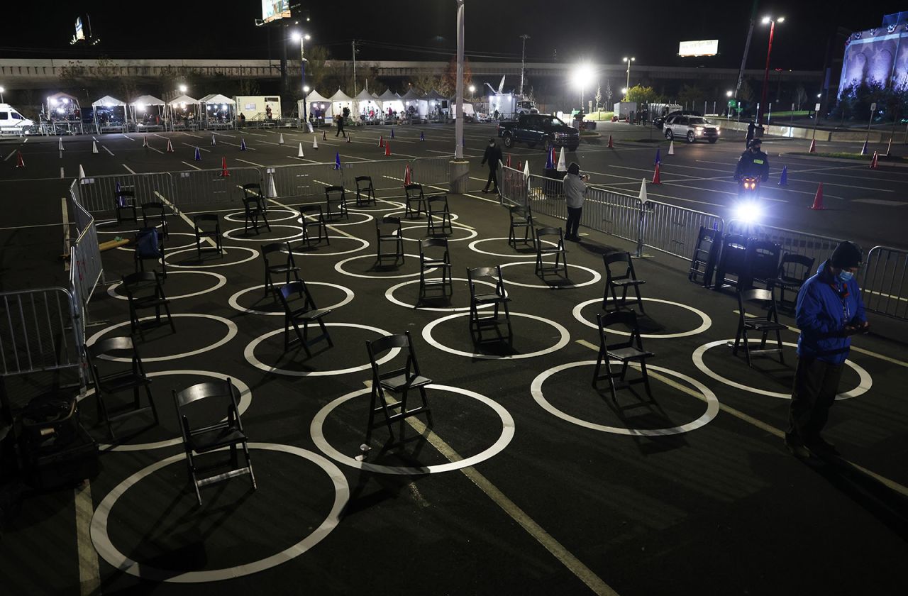Chairs sit ready for reporters inside circles marked for social distancing as a Covid-19 precaution in the press area at a drive-in election night event for Democratic presidential nominee Joe Biden at the Chase Center.