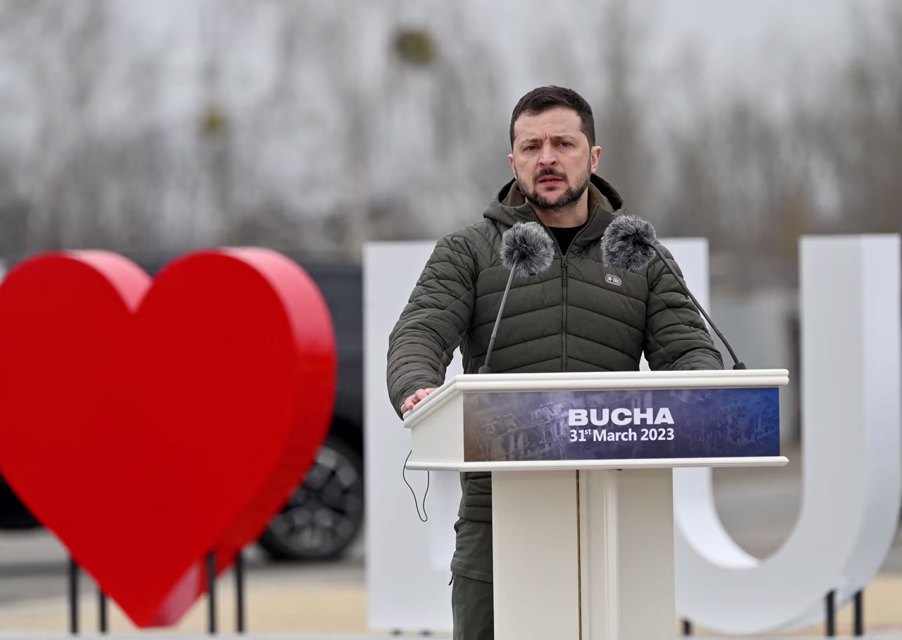 Ukrainian President Volodymyr Zelensky attends a ceremony marking the first anniversary of the retreat of Russian troops from the Ukrainian town of Bucha, near Kyiv in Ukraine, on March 31.