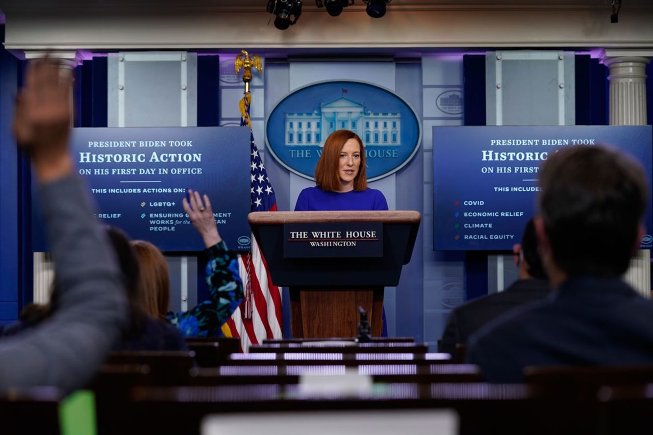 White House press secretary Jen Psaki speaks during a news briefing at the White House on January 20.