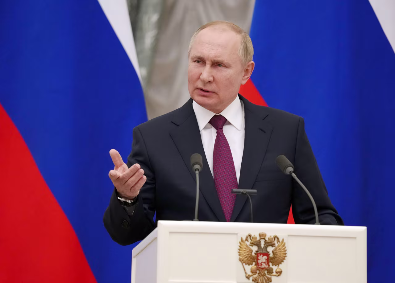 Russian President Vladimir Putin speaks at a press conference at the Kremlin in Moscow, Russia, on February 15.