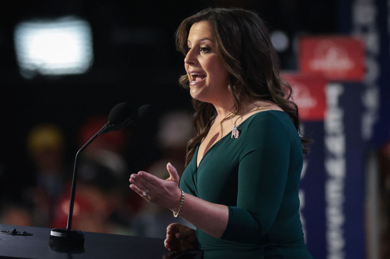 Rep. Elise Stefanik speaks on stage on the second day of the Republican National Convention at on Tuesday, July 16, in Milwaukee.