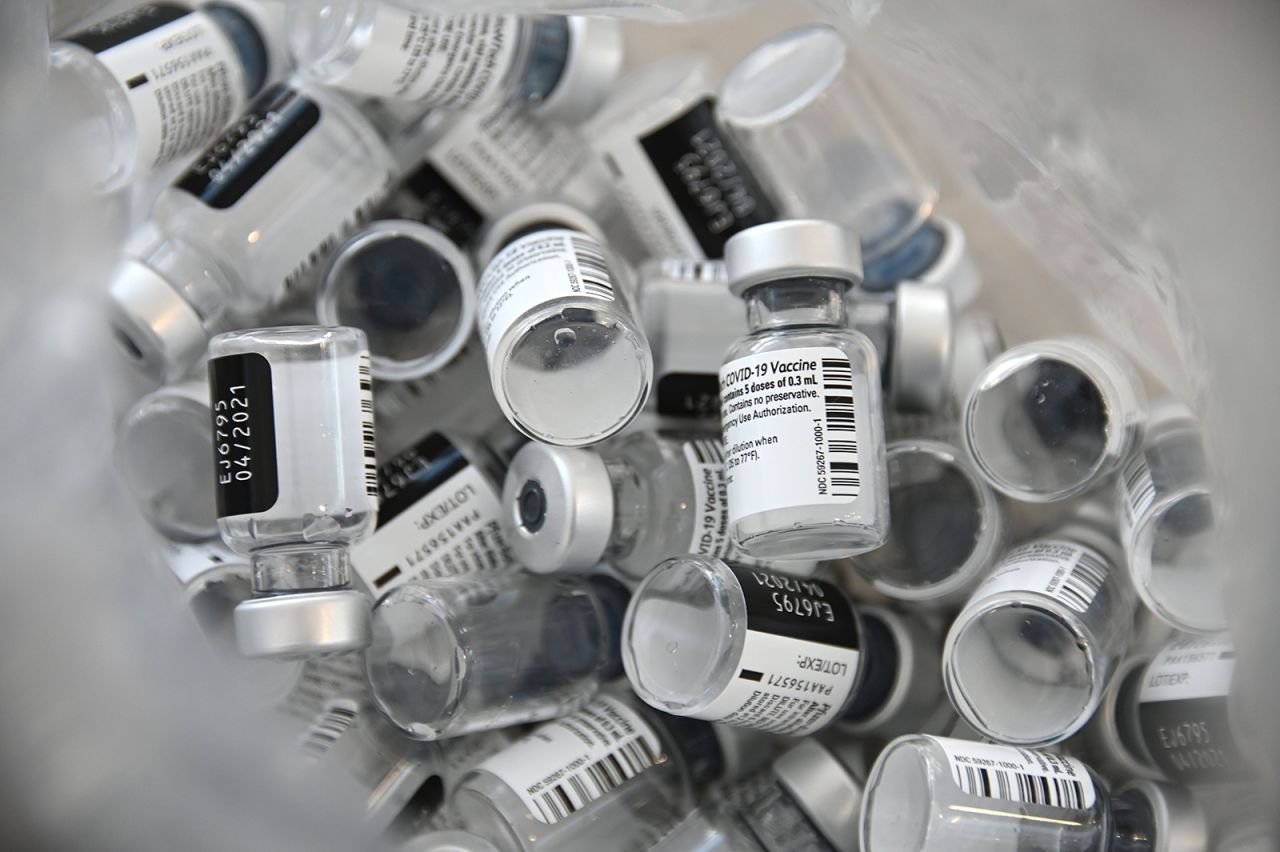 Empty bottles of Pfizer-BioNTech Covid-19 vaccine in a at the Emile Muller hospital in Mulhouse, eastern France, on January 8.