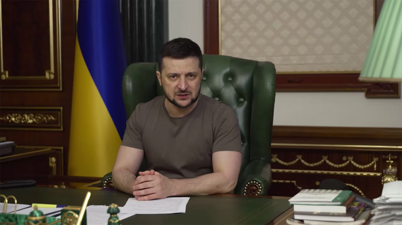 Ukrainian President Volodymyr Zelensky speaks during a video message on Facebook Friday March 25. 