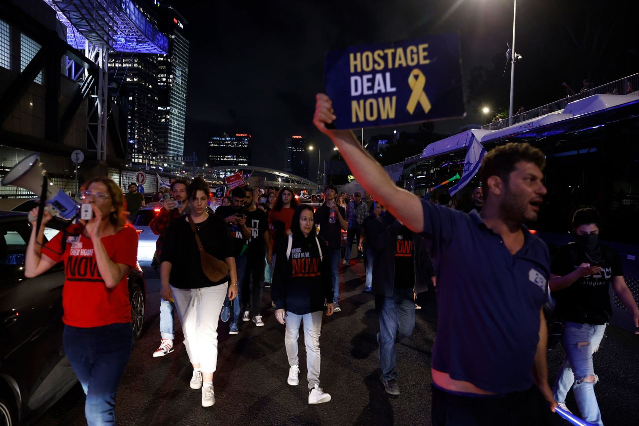 Israelis demonstrate during a protest calling for a hostage deal in Tel Aviv on May 6.