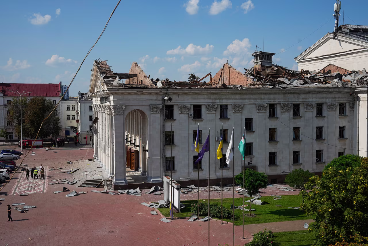 Taras Shevchenko Chernihiv Regional Academic Music and Drama Theatre is seen damaged by a Russian missile attack in Chernihiv, Ukraine, on August 19.